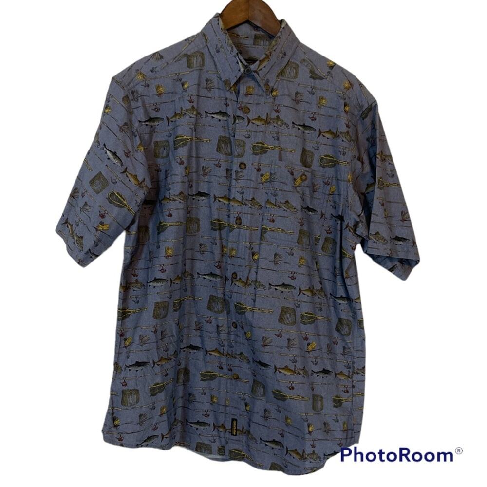 VTG Woolrich Blue Fish and Fishing Gear Button Up Shirt Men’s Size Large